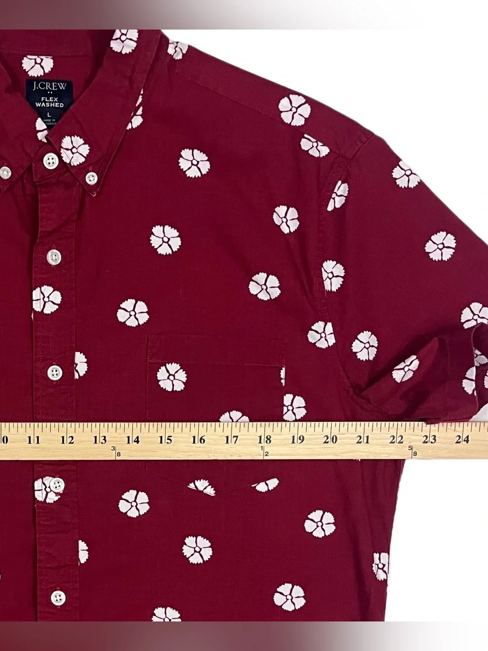J. Crew Flex Washed Men's L Burgundy Short Sleeve Button-Down White Floral Print